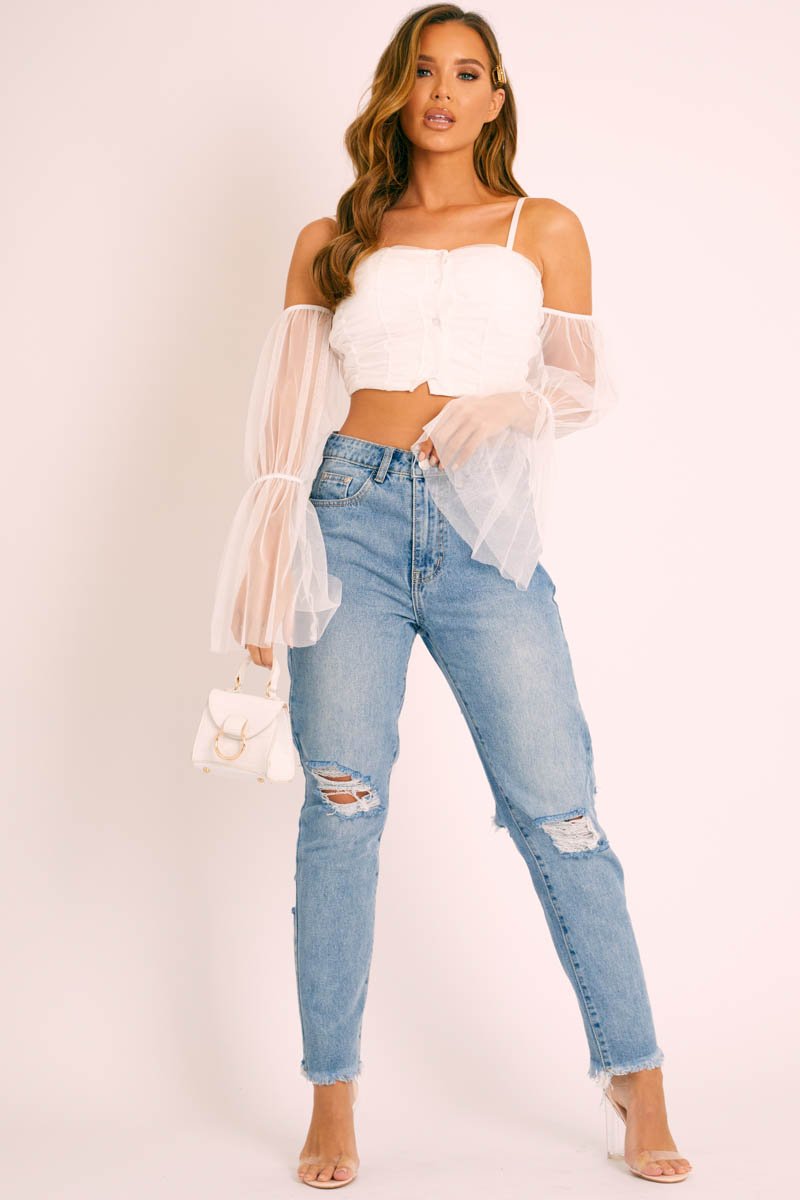 White Mesh Ruched Button Front Crop Top - Tula-Crop Tops