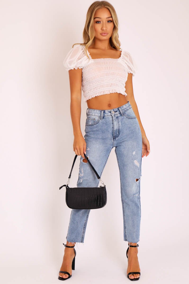 White Mesh Ruched Puff Sleeve Crop Top - Evy-Crop Tops