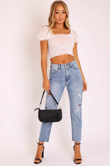 White Mesh Ruched Puff Sleeve Crop Top - Evy-Crop Tops