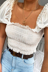 White Mesh Ruched Puff Sleeve Crop Top - Evy-Crop Tops