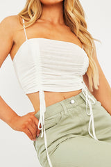 White Mesh Ruched Square Neck Crop Top - Leyna-Crop Tops
