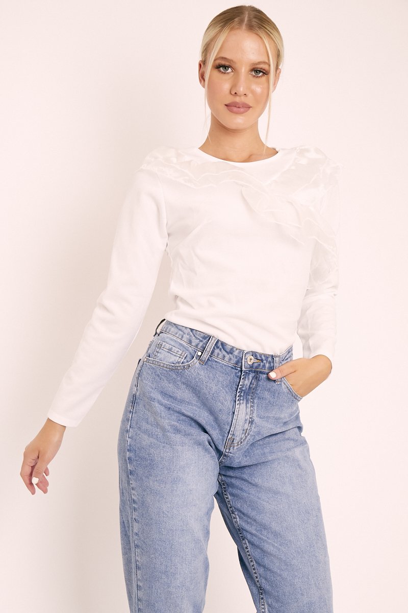 White Mesh Ruffle Front Long Sleeve Top - Kristen-Tops