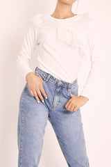 White Mesh Ruffle Front Long Sleeve Top - Kristen-Tops