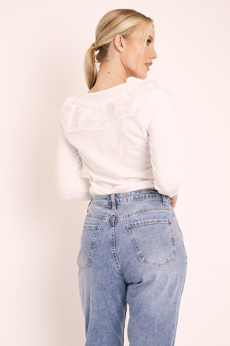 White Mesh Ruffle Front Long Sleeve Top - Kristen-Tops