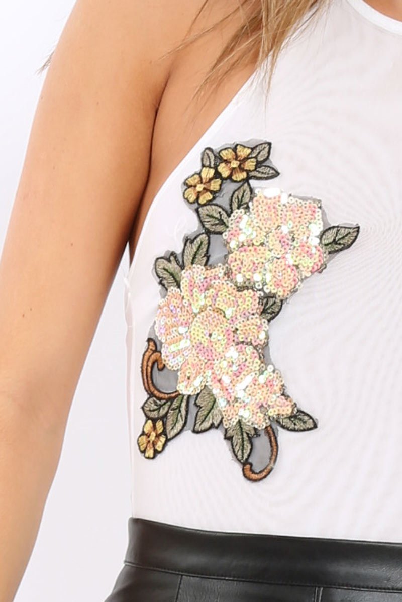 White Mesh Sequin Applique Thong Bodysuit - Elektra-Bodysuits