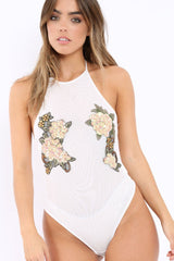 White Mesh Sequin Applique Thong Bodysuit - Elektra-Bodysuits