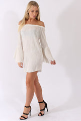 White Metallic Bardot Pleated Bell Sleeves Dress - Lilja-Dresses