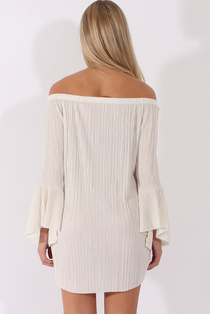 White Metallic Bardot Pleated Bell Sleeves Dress - Lilja-Dresses