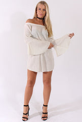 White Metallic Bardot Pleated Bell Sleeves Dress - Lilja-Dresses