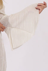 White Metallic Bardot Pleated Bell Sleeves Dress - Lilja-Dresses