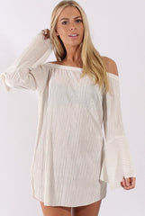 White Metallic Bardot Pleated Bell Sleeves Dress - Lilja-Dresses