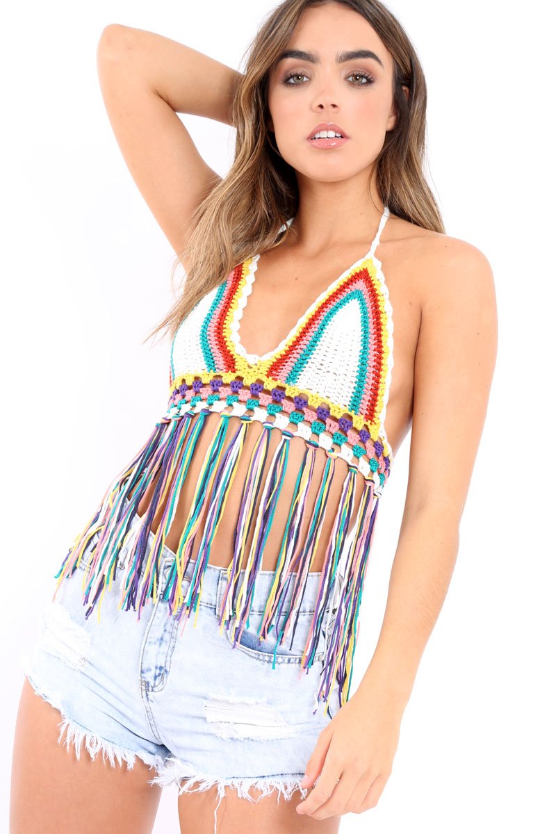 White Multi Coloured Crochet Bralet with Thread Tassels - Elodia-Bralets