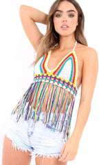 White Multi Coloured Crochet Bralet with Thread Tassels - Elodia-Bralets