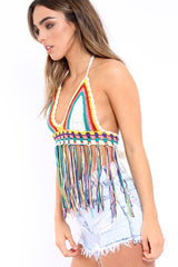 White Multi Coloured Crochet Bralet with Thread Tassels - Elodia-Bralets