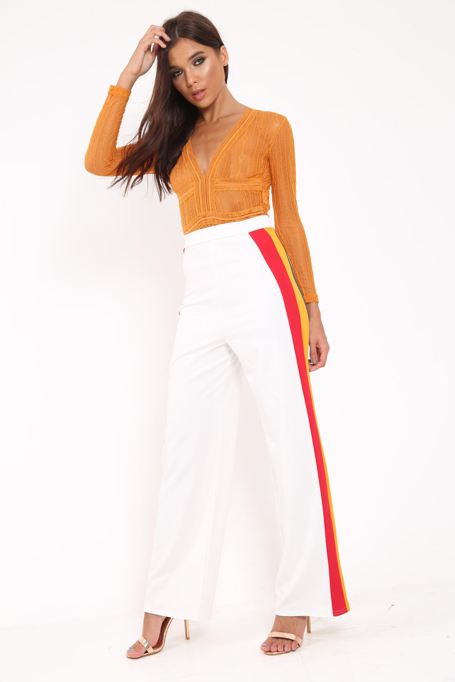 White Multi Side Stripe High Waist Trousers - Wadie-Trousers