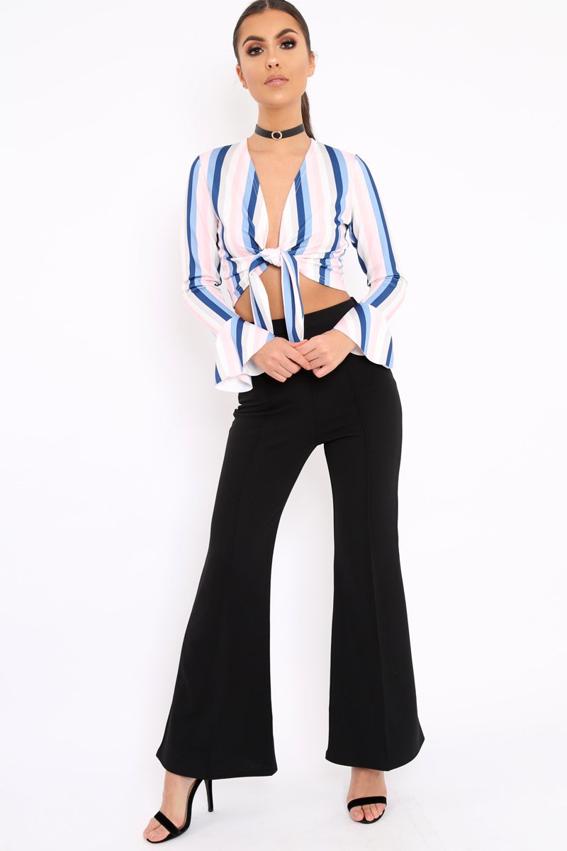 White Multi Stripe Plunge Tie Front Flare Sleeve Crop Top - Aimi-Crop Tops