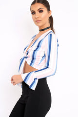 White Multi Stripe Plunge Tie Front Flare Sleeve Crop Top - Aimi-Crop Tops