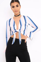 White Multi Stripe Plunge Tie Front Flare Sleeve Crop Top - Aimi-Crop Tops