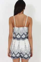 White & Navy Embroidered Layered Playsuit- Nicola-Playsuits