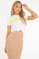White Neon Green Stripe Tie Front Crop T-Shirt - Britany-T-shirt