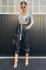 White Newspaper Print Plunge Tie Waist Top - Tilly-Tops