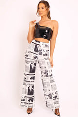 White Newspaper Print Straight Leg Trousers - Lawryn-Trousers