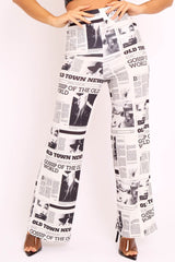 White Newspaper Print Straight Leg Trousers - Lawryn-Trousers