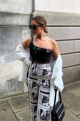 White Newspaper Print Straight Leg Trousers - Lawryn-Trousers