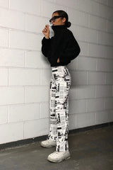 White Newspaper Print Straight Leg Trousers - Lawryn-Trousers