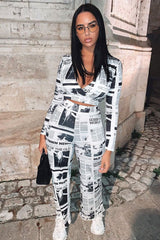 White Newspaper Print Straight Leg Trousers - Lawryn-Trousers