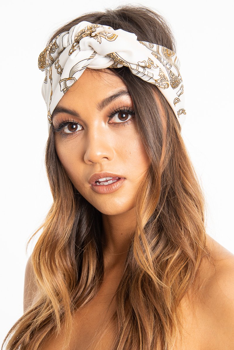 White Nude Chain Print Wired Head Scarf - Aella-Hair