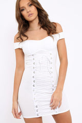 White Off Shoulder Centre Eyelet Dress - Callie-Dresses
