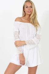 White Off Shoulder Crochet Detail Playsuit - Koran-Playsuits