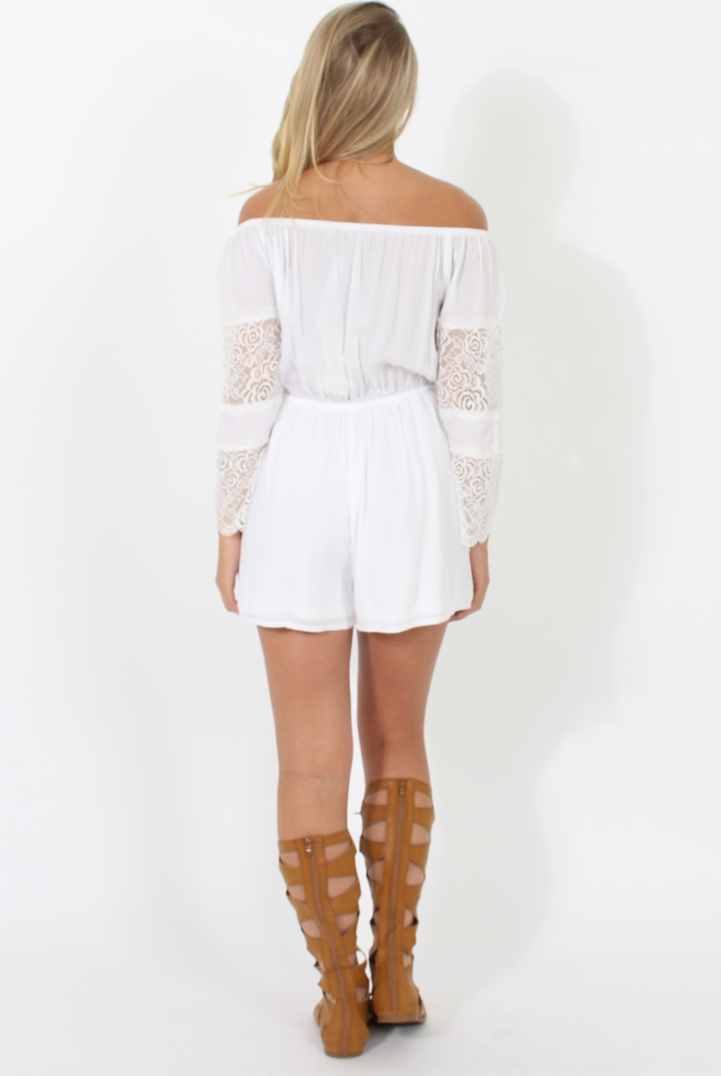 White Off Shoulder Crochet Detail Playsuit - Koran-Playsuits