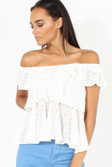 White Off the Shoulder Lace Frill Top - Larisa-Tops