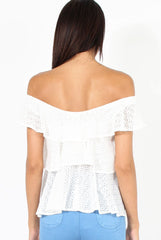 White Off the Shoulder Lace Frill Top - Larisa-Tops