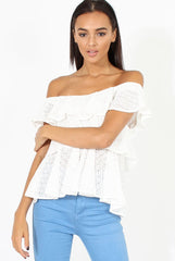 White Off the Shoulder Lace Frill Top - Larisa-Tops