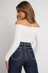 White Off the Shoulder Long Sleeve Ruched Crop Top - Kali-Crop Tops