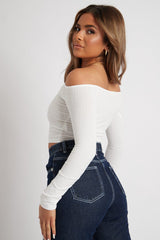 White Off the Shoulder Long Sleeve Ruched Crop Top - Kali-Crop Tops