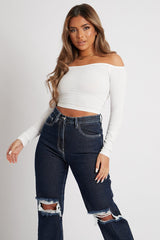 White Off the Shoulder Long Sleeve Ruched Crop Top - Kali-Crop Tops