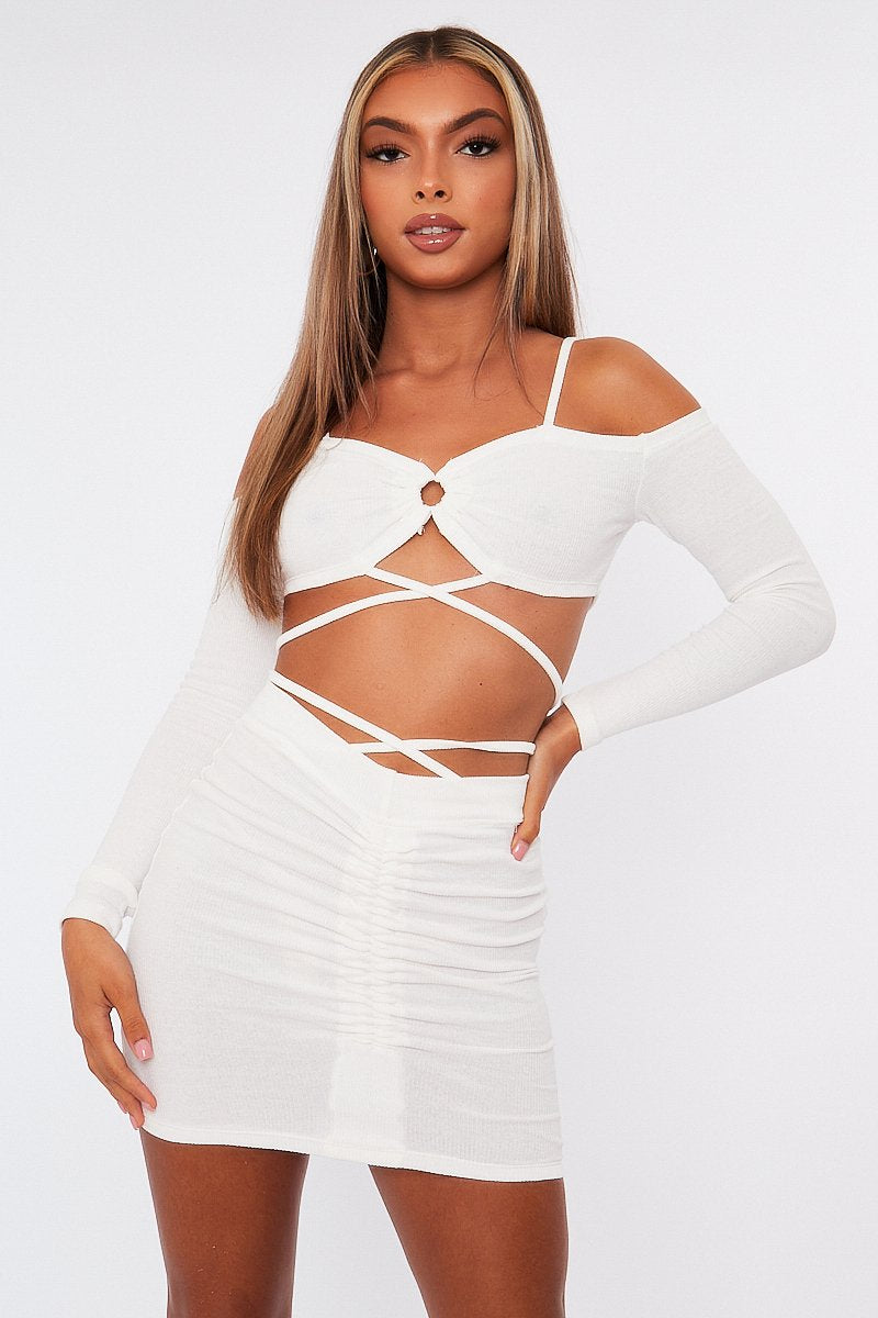 White Off the Shoulder Long sleeve Crop Top and Ruched Mini Skirt Set - Anthi-Co-ords