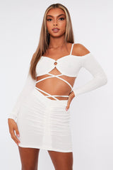 White Off the Shoulder Long sleeve Crop Top and Ruched Mini Skirt Set - Anthi-Co-ords