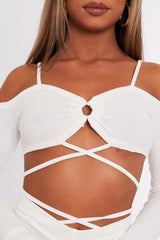 White Off the Shoulder Long sleeve Crop Top and Ruched Mini Skirt Set - Anthi-Co-ords