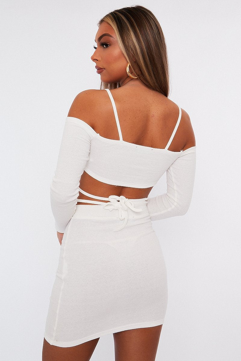 White Off the Shoulder Long sleeve Crop Top and Ruched Mini Skirt Set - Anthi-Co-ords