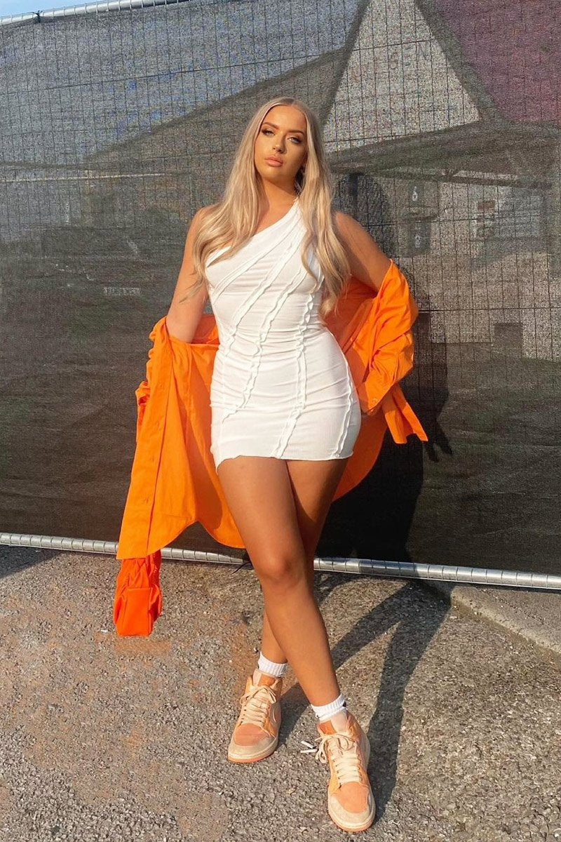 White One Shoulder Contrast Stitch Bodycon Dress - Ellie-Dresses