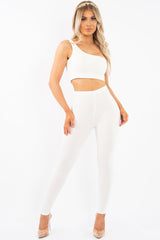 White One Shoulder Crop Top and Leggings Co-Ord - Marrie-Co-ords