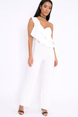 White One Shoulder Ruffle Jumpsuit - Shelley-Jumpsuits