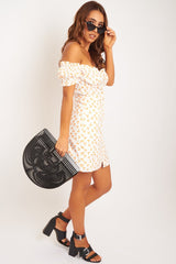 White Orange Polka Dot Milkmaid Button Front Dress - Eisa-Dresses