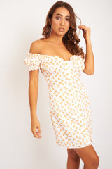 White Orange Polka Dot Milkmaid Button Front Dress - Eisa-Dresses