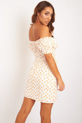 White Orange Polka Dot Milkmaid Button Front Dress - Eisa-Dresses